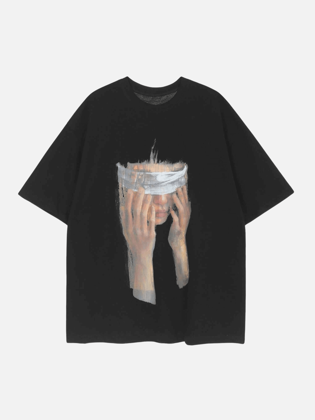 Black t-shirt with a graphic of hands covering a face on a white background