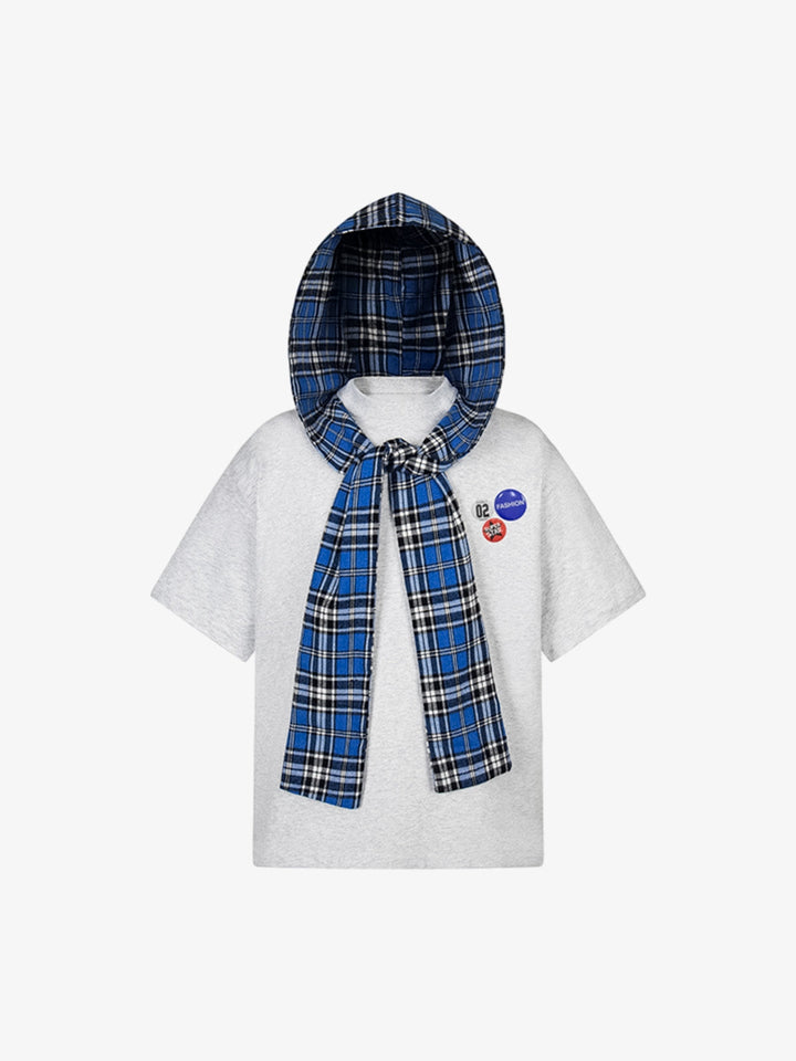 Hooded T-Shirt with Plaid Scarf Hood and Pins