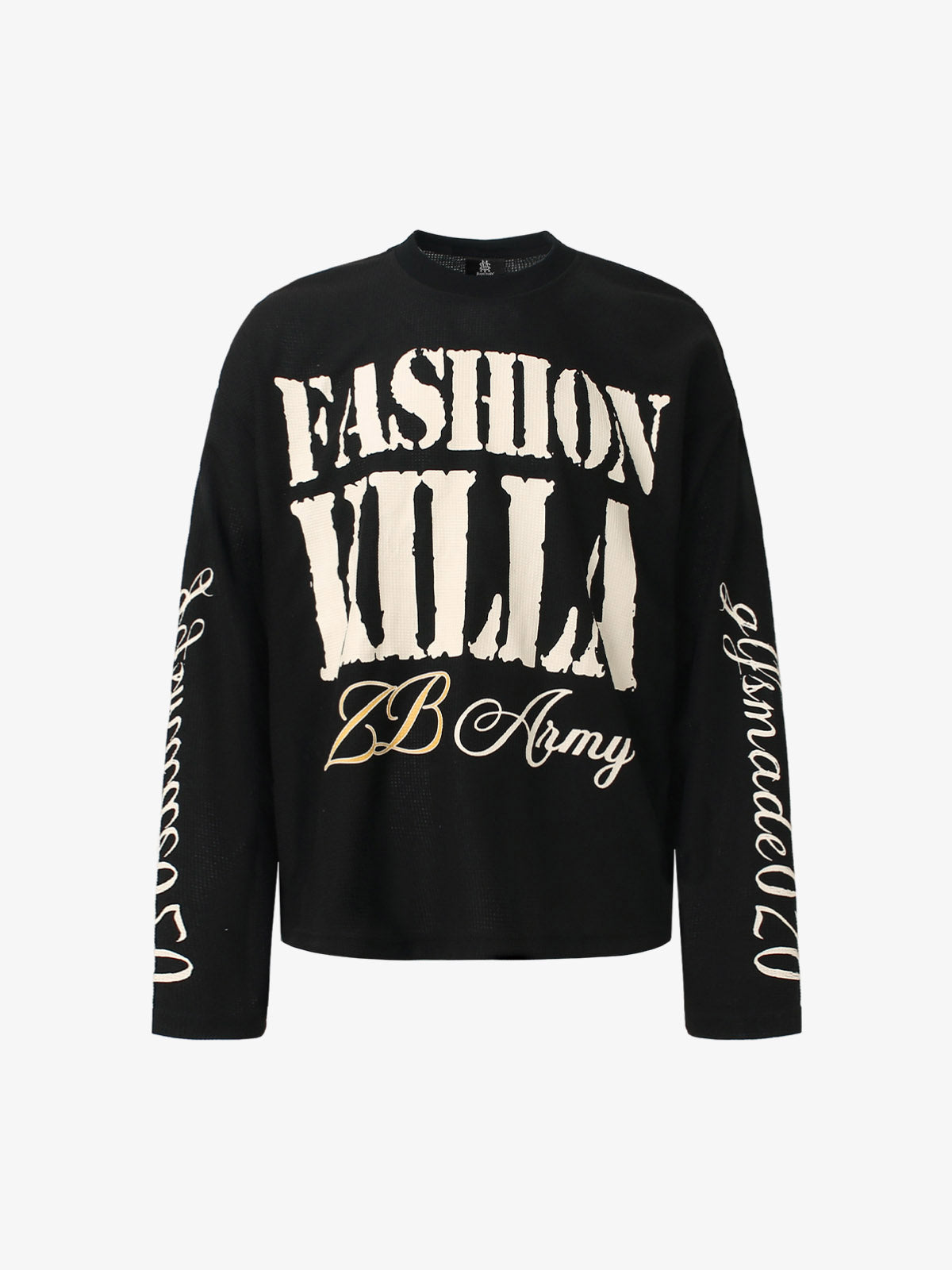 Retro Letter Print Waffle Simplicity Long-Sleeved T-Shirt