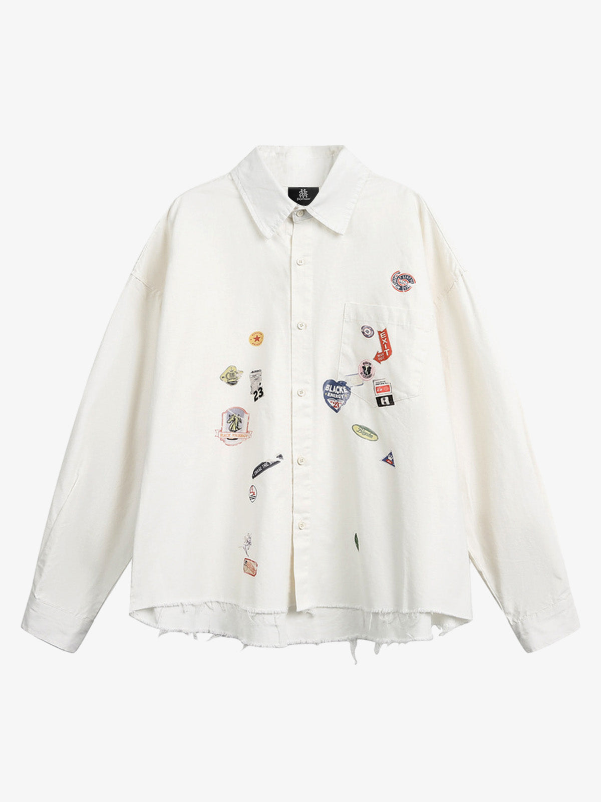 Fun Distressed Raw-Edge Printed Long-Sleeved Shirt