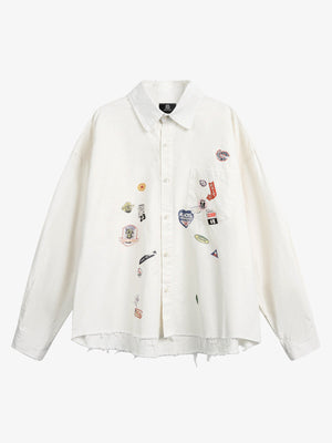Fun Distressed Raw-Edge Printed Long-Sleeved Shirt - thumbnail 2