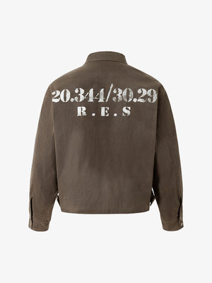 Cropped Brown Canvas Work Jacket – back view with stencil print | XoKool