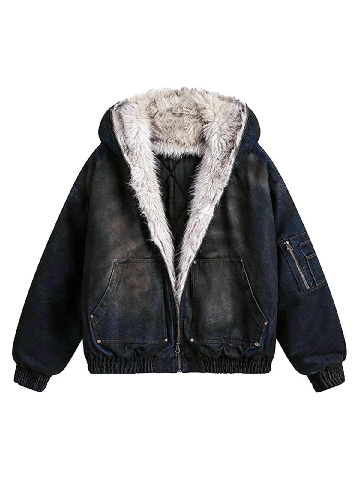 Washed Denim Fur Hooded Jacket Casual Streetwear Style - 10301