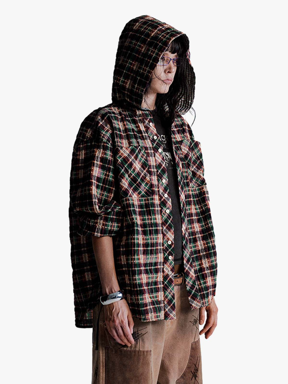 Retro Plaid Patchwork Hooded Work Shirt - image 11