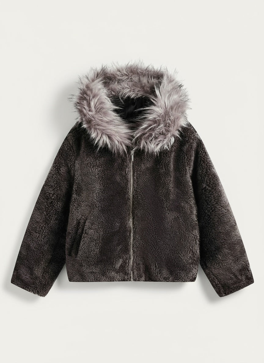 Fur Hooded Quilted Sherpa Jacket Casual Winter Outerwear - 10306