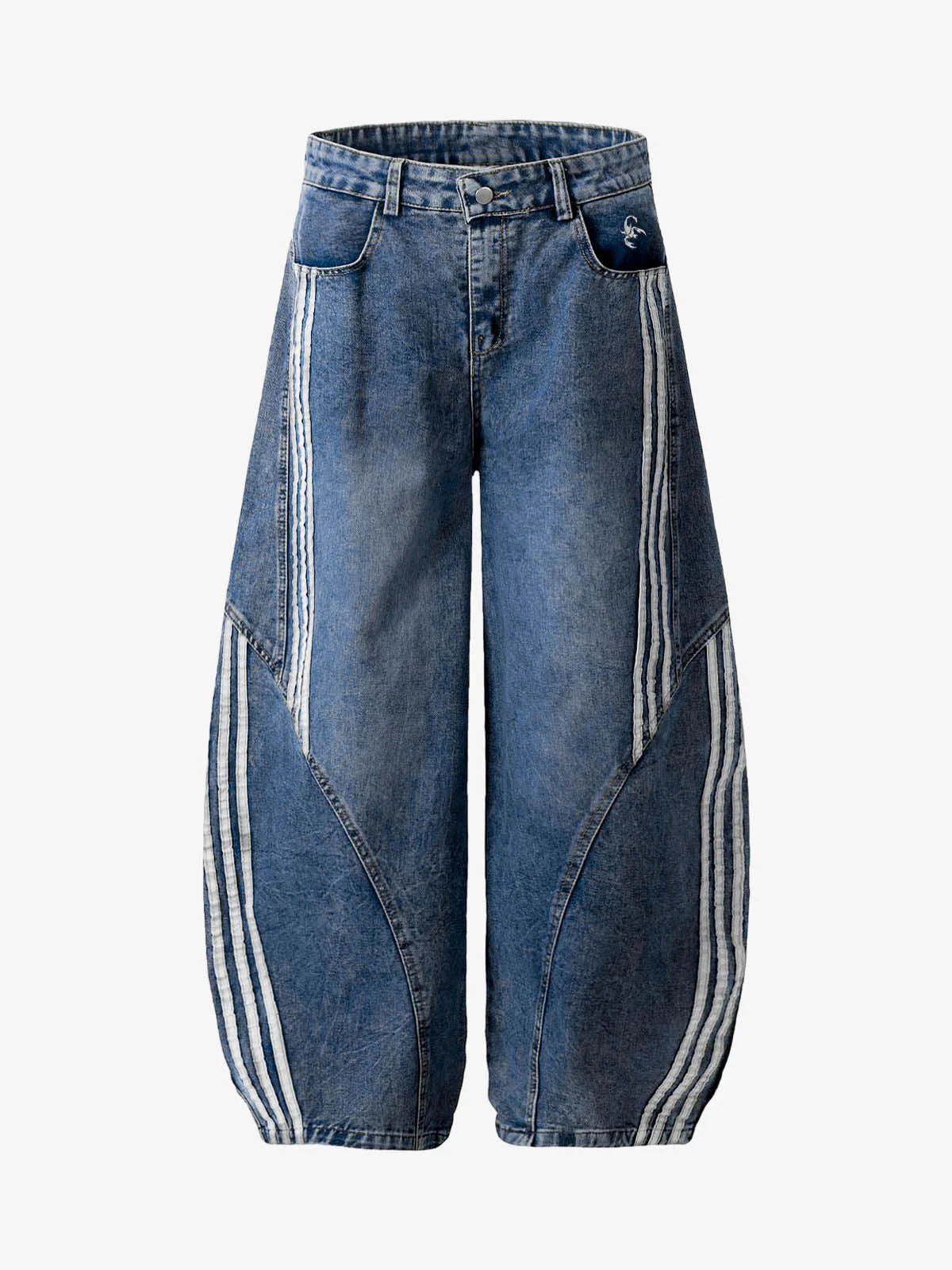 Contrast Side Stripe Denim Barrel Jeans - Blue