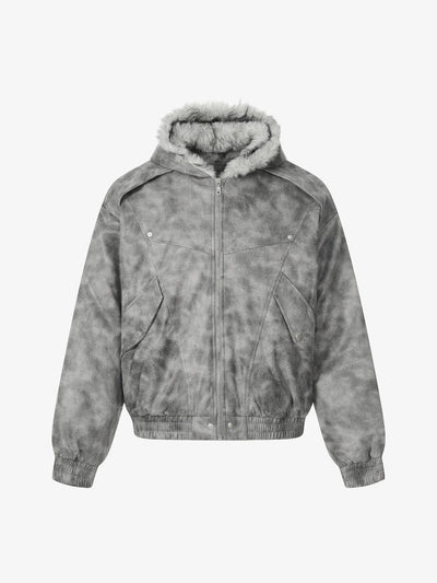 Veste courte grise délavée à capuche en fausse fourrure