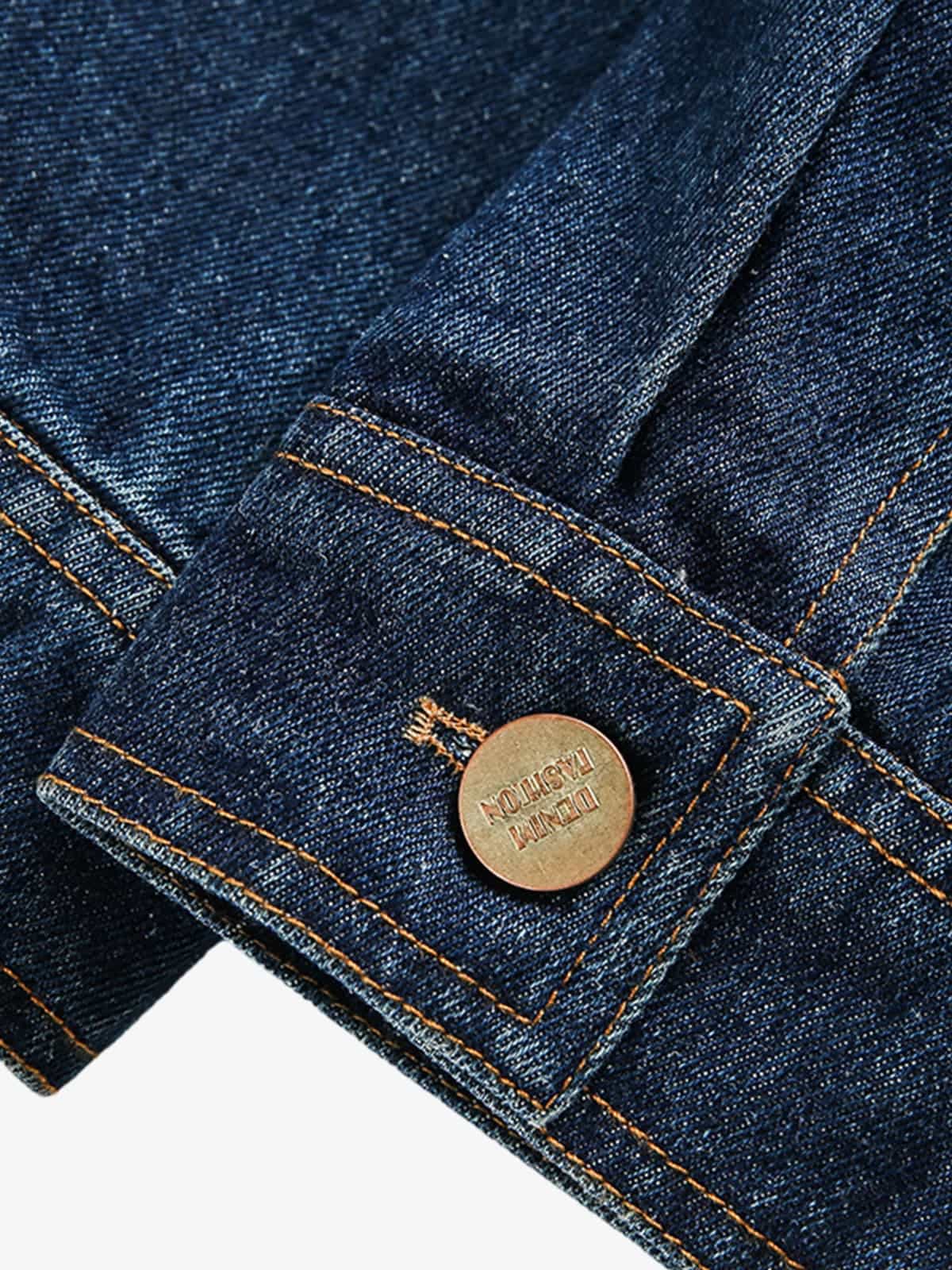 Dark Wash Denim Trucker Jacket – cuff button close-up | XoKool