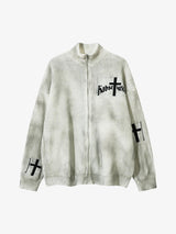 Ribbed Knit Dirty Dyed Embroidery Cross Sweater