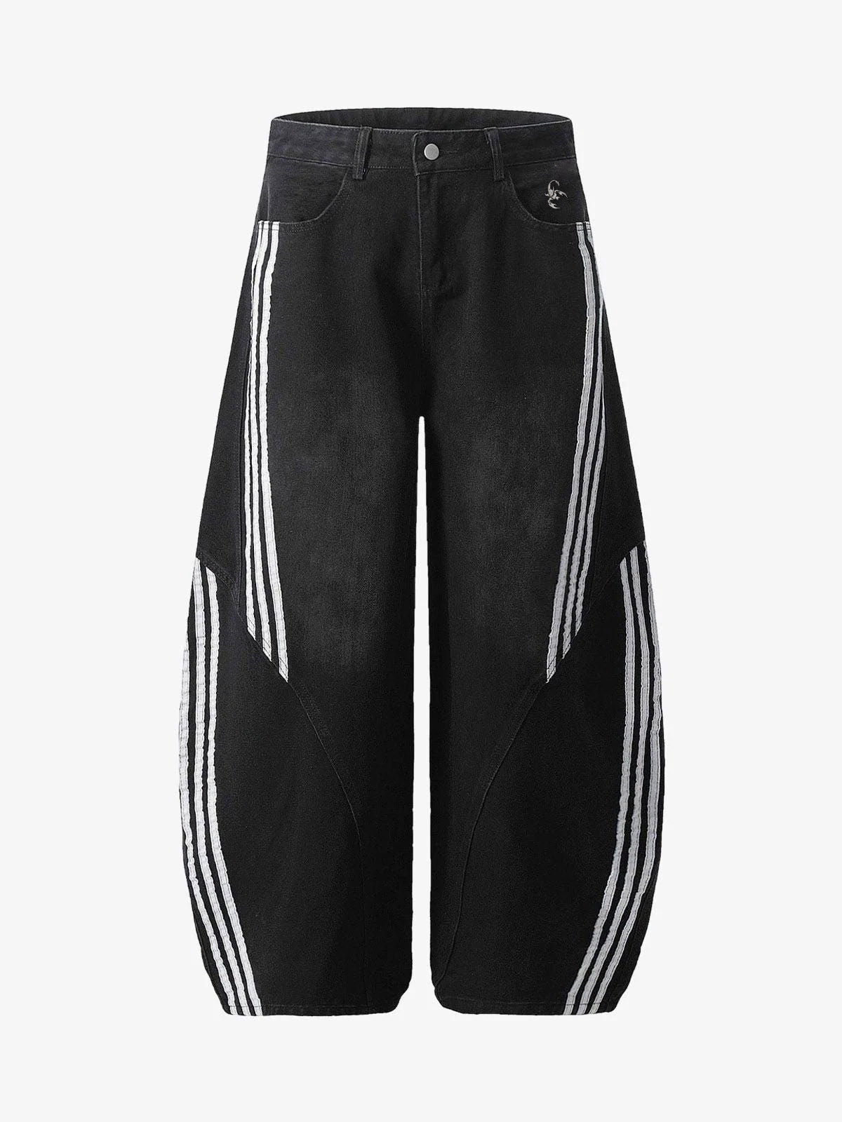 Contrast Side Stripe Denim Barrel Jeans - Black