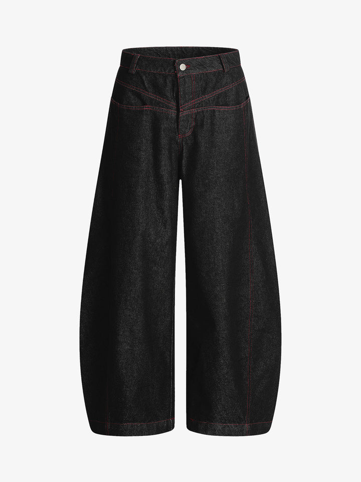Black Barrel Jeans with Red Contrast Stitching