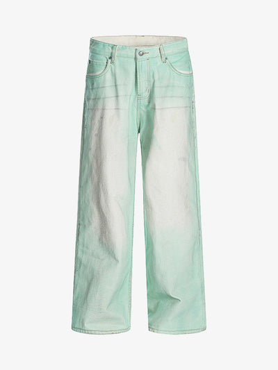 Mint Green Baggy Jeans with Faded Wash