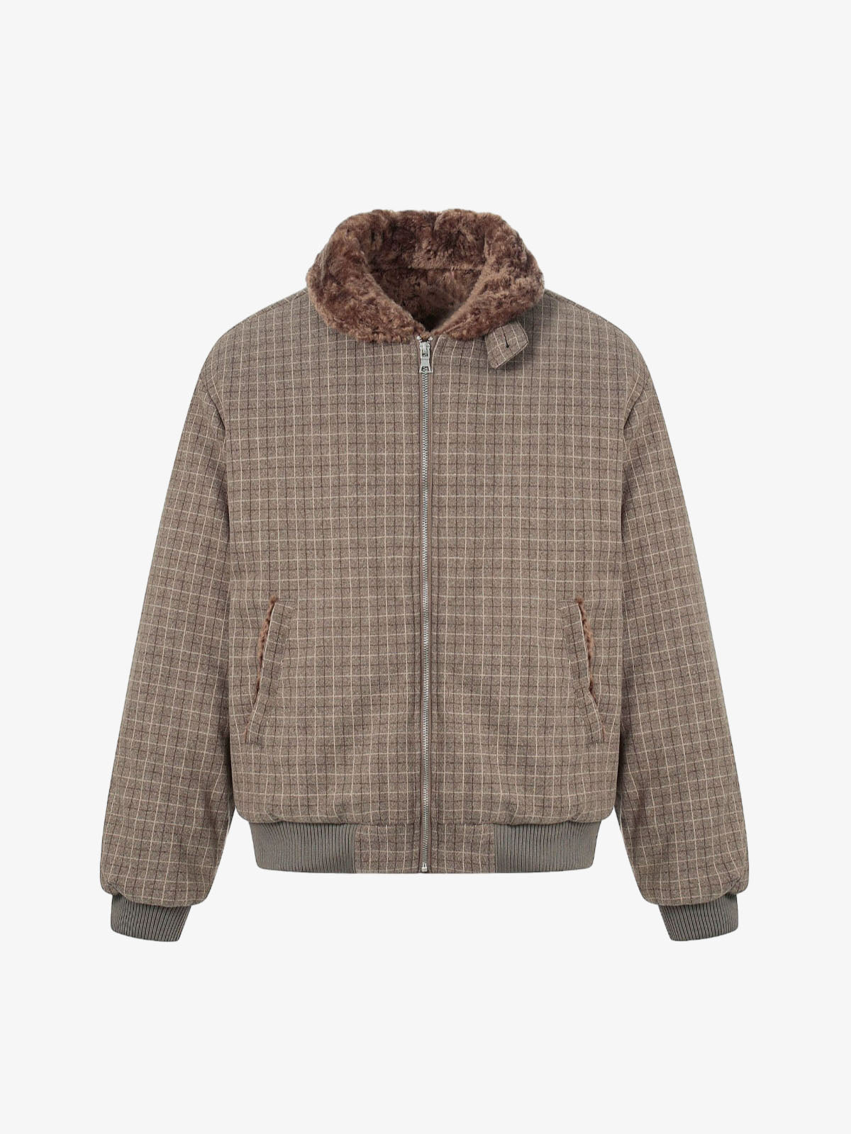 Retro Plaid Fur Collar Warm Padded Jacket