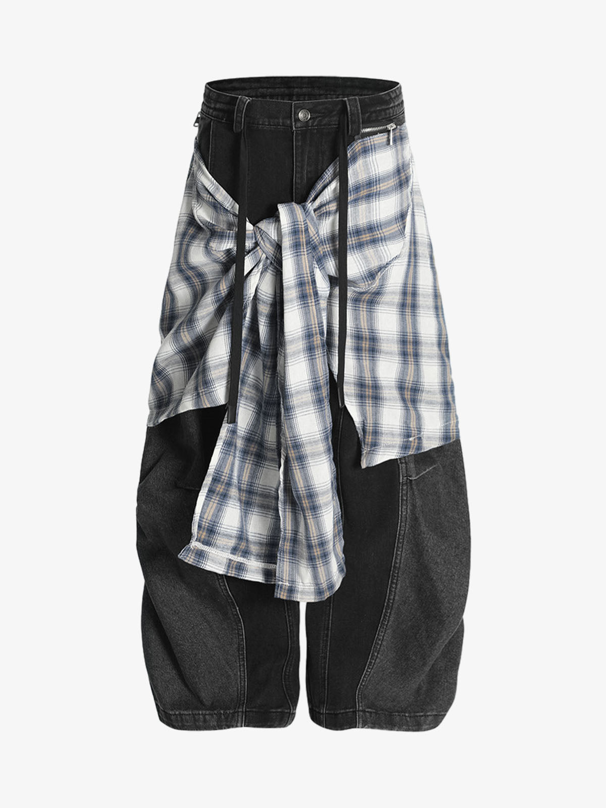 Denim Faux Two-piece Plaid Detachable Scimitar Jeans