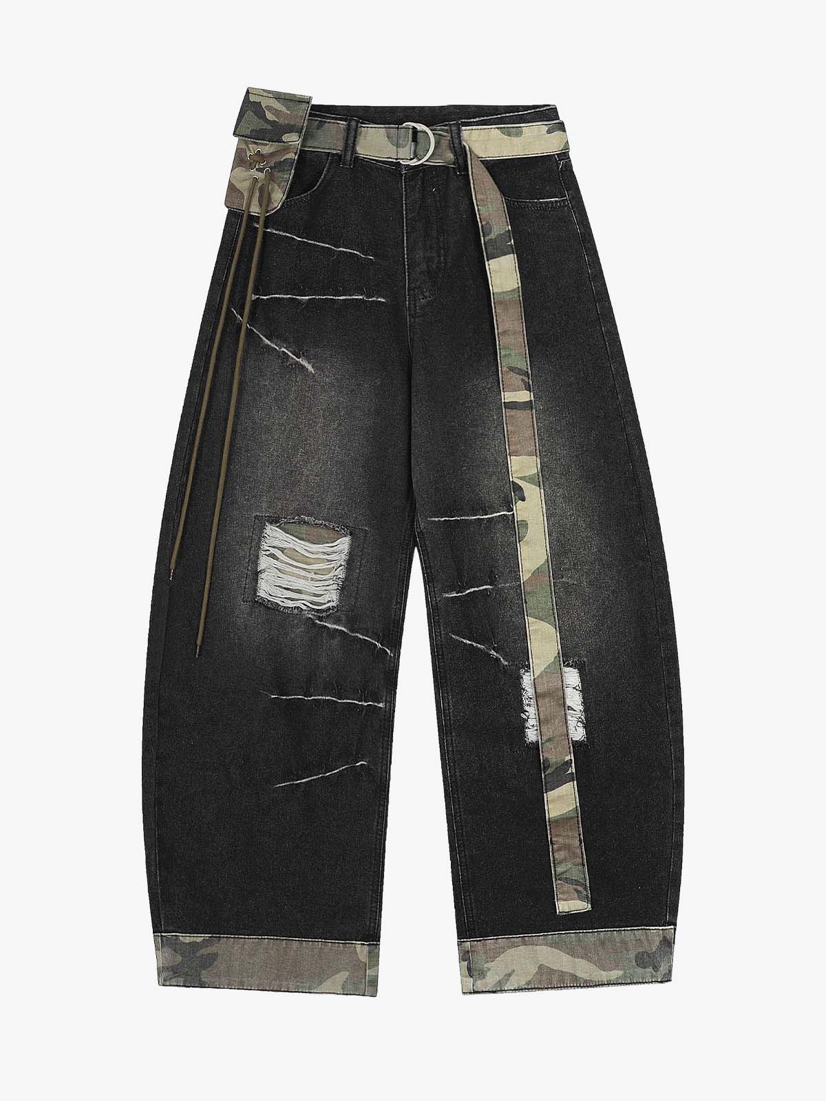 Vintage Washed Ripped Camouflage Patchwork Jeans