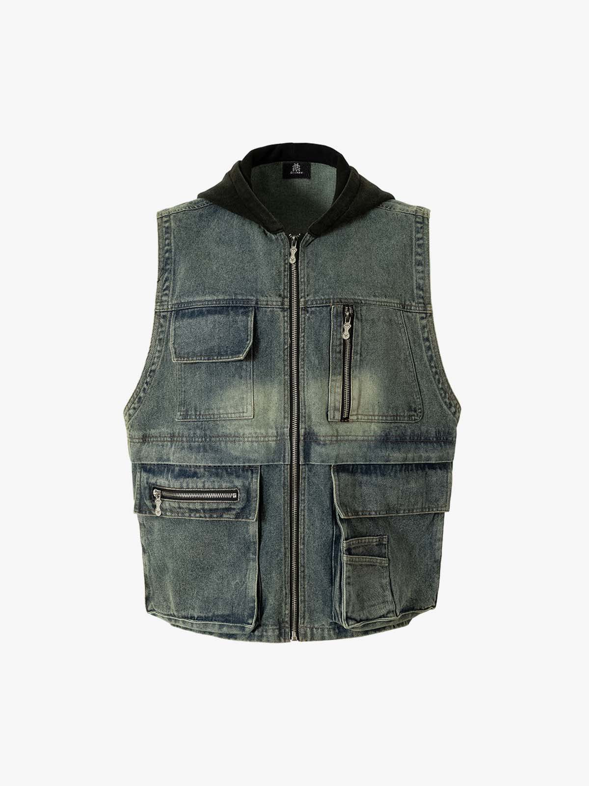 Functional Multi-Pocket Hooded Denim Vest