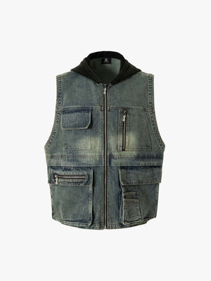 Functional Multi-Pocket Hooded Denim Vest - thumbnail 1