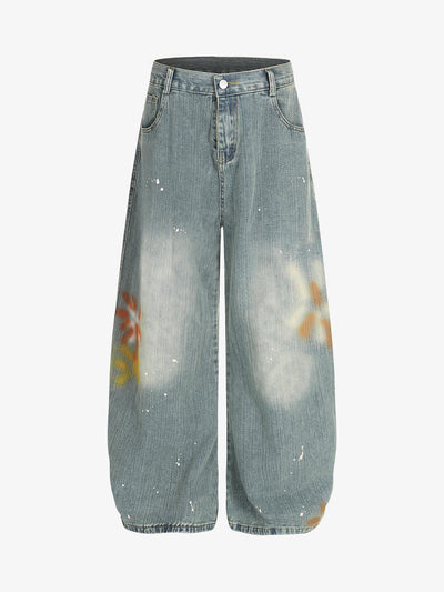 Paint Splatter Barrel Jeans with Flower Print
