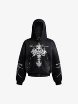 Street Wasteland Washed Cross Print Hooded Sweatshirt