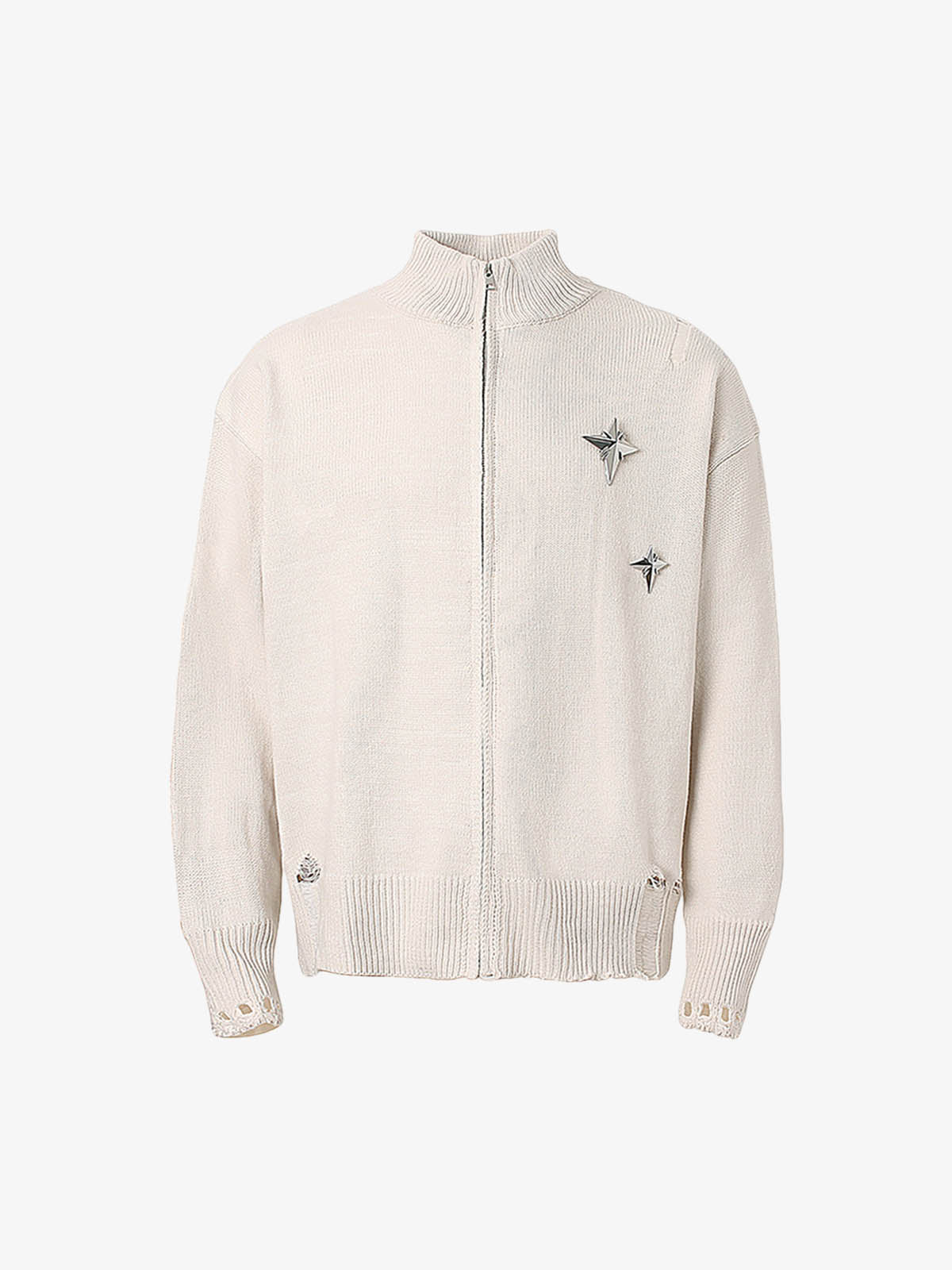 Distressed Ripped-Edge Turtleneck Diamond Star Zipper Knitted Sweater