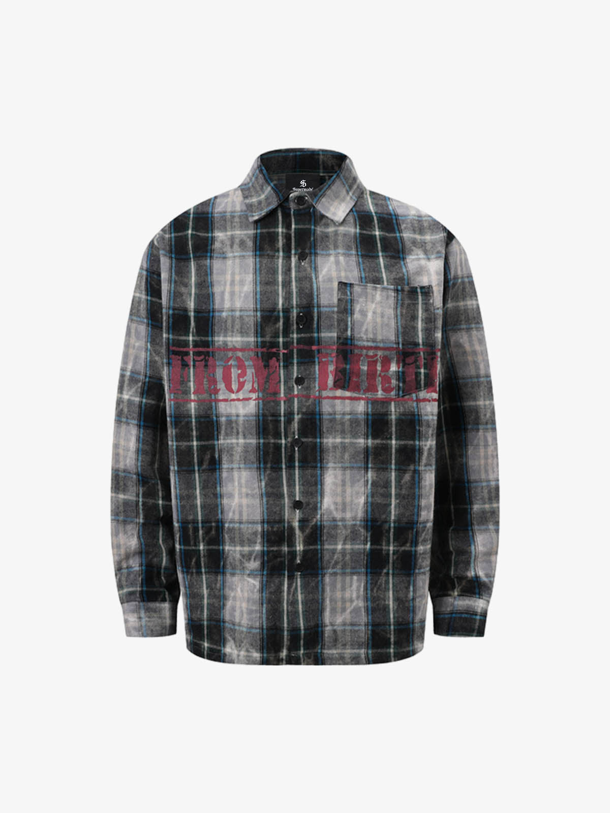 Street Washed Distressed Plaid Letter Print Long-Sleeve Shirt