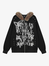 Street Punk Letter Print Fur Collar Hooded Sweatshirt