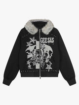 Retro Fur Collar Cartoon Pattern Zipper Hooded Sweatshirt
