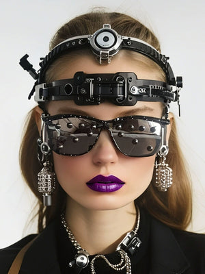Streetwear Metal Rivet Curved Lens Glasses - thumbnail 2