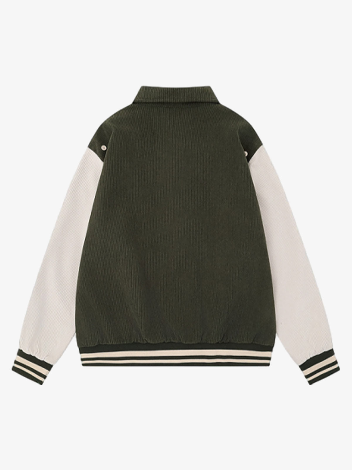 Studded Corduroy Varsity Jacket – Olive, back view | XoKool