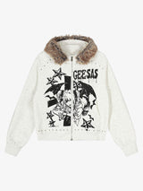 Retro Fur Collar Cartoon Pattern Zipper Hooded Sweatshirt