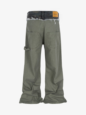 Olive Ripped Carpenter Jeans with Camo Waistband – back flat | XoKool