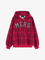 Retro Plaid Patch Embroidered Cardigan Hooded Sweatshirt