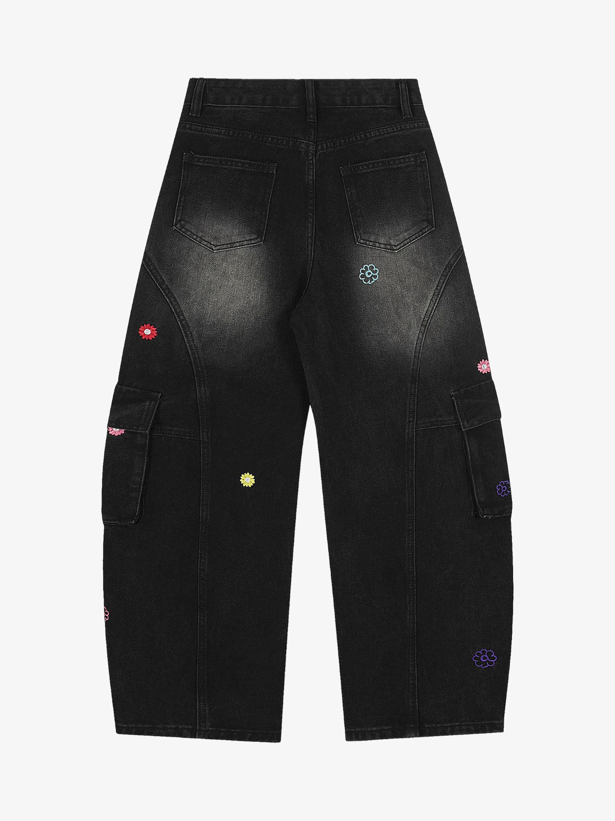 Blumen Barrel Jeans – Washed Schwarz, Rückansicht | XoKool