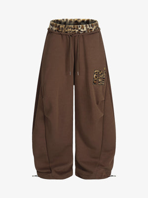 Retro Double-Waist Leopard Patch Barrel Pants - thumbnail 1
