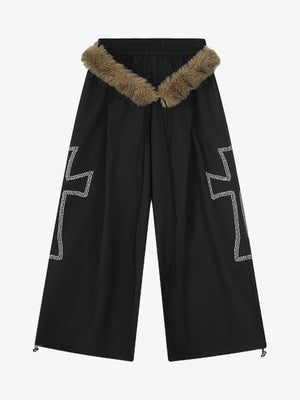 Detachable Fur Collar Drawstring Baggy Pants - thumbnail 1