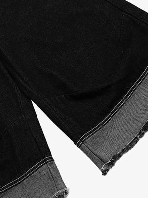 Long Black Jorts – cuffed frayed hem close-up | XoKool