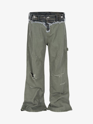 Olive Ripped Carpenter Jeans with Camo Waistband – Olive, front flat | XoKool