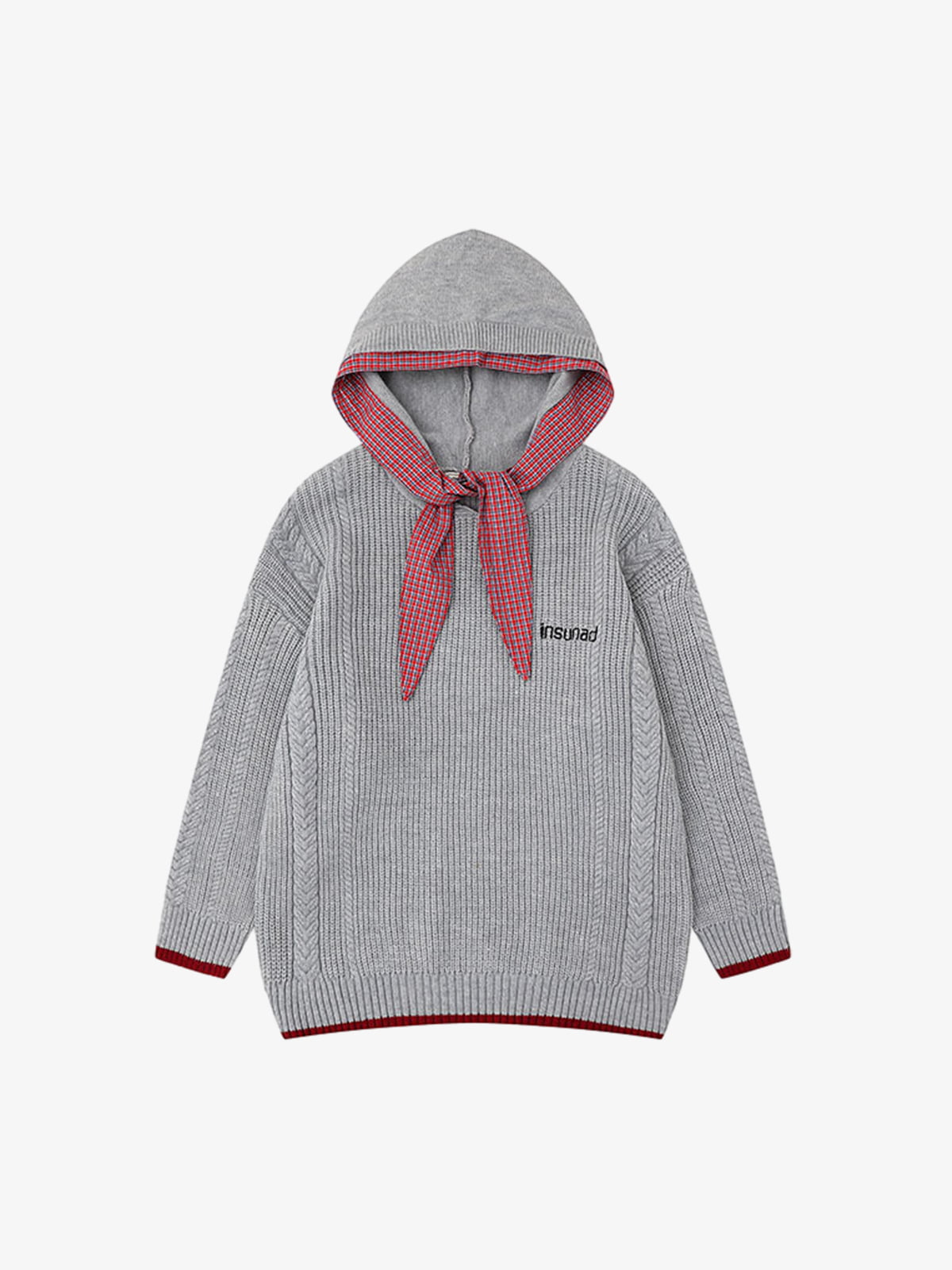 Retro Plaid Tie Hooded Knit Sweater