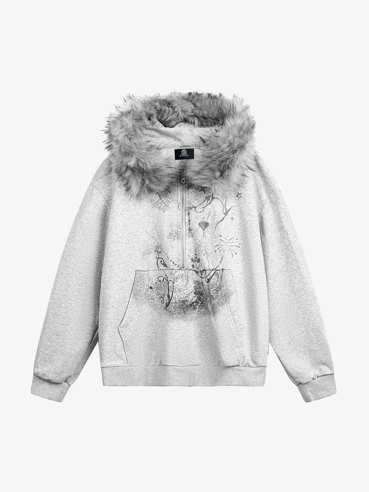Detachable Fur Collar Half-Zip Printed Hooded Cardigan Sweatshirt