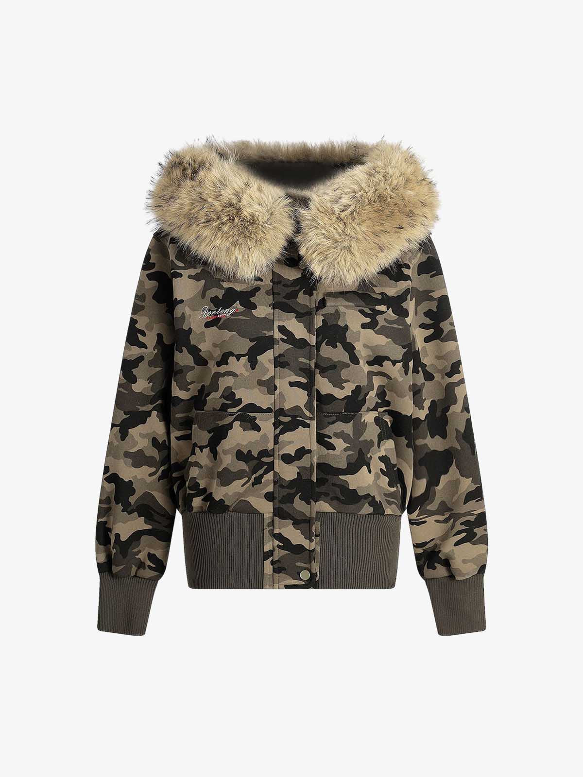 Camouflage Embroidery Patchwork Cardigan Fur Collar Hooded Sweatshirt