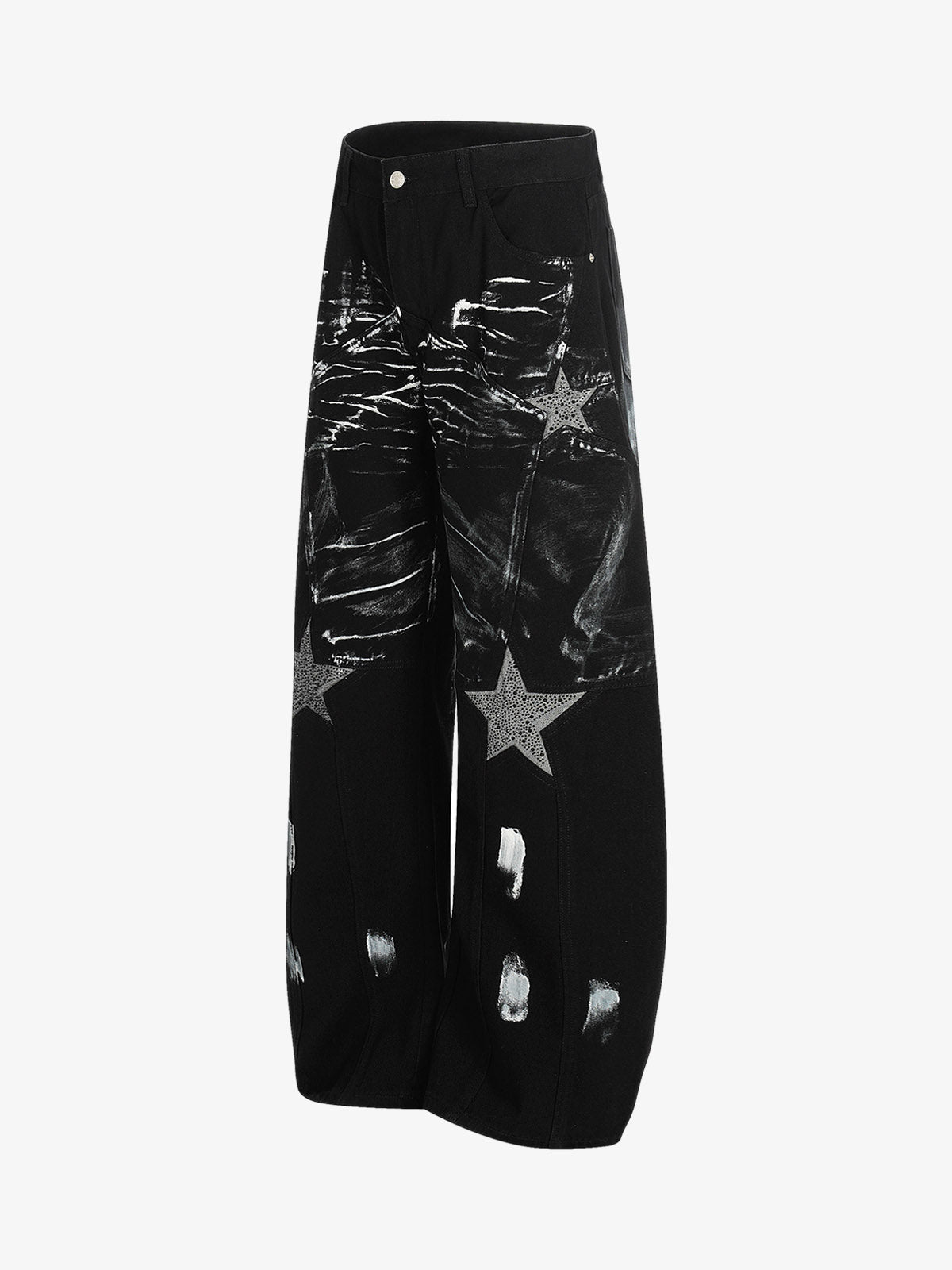 Black Painted Barrel Jeans with Rhinestone Stars – side flat | XoKool