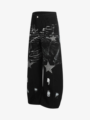 Black Painted Barrel Jeans with Rhinestone Stars – side flat | XoKool