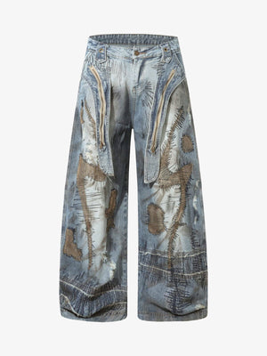 Embroidered Barrel Jeans with Front Zips – Light blue, front flat | XoKool