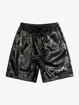 Letter Embroidered Leather Shorts