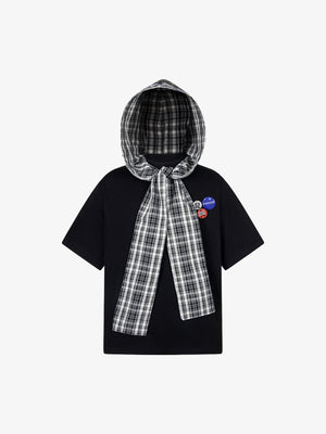 Hooded T-Shirt with Plaid Scarf Hood and Pins – Black, front view | XoKool