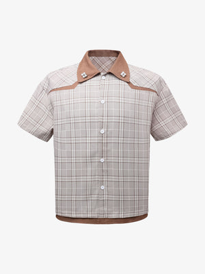 Faux Two-piece Pearl Button Plaid Short-Sleeved Shirt - thumbnail 2