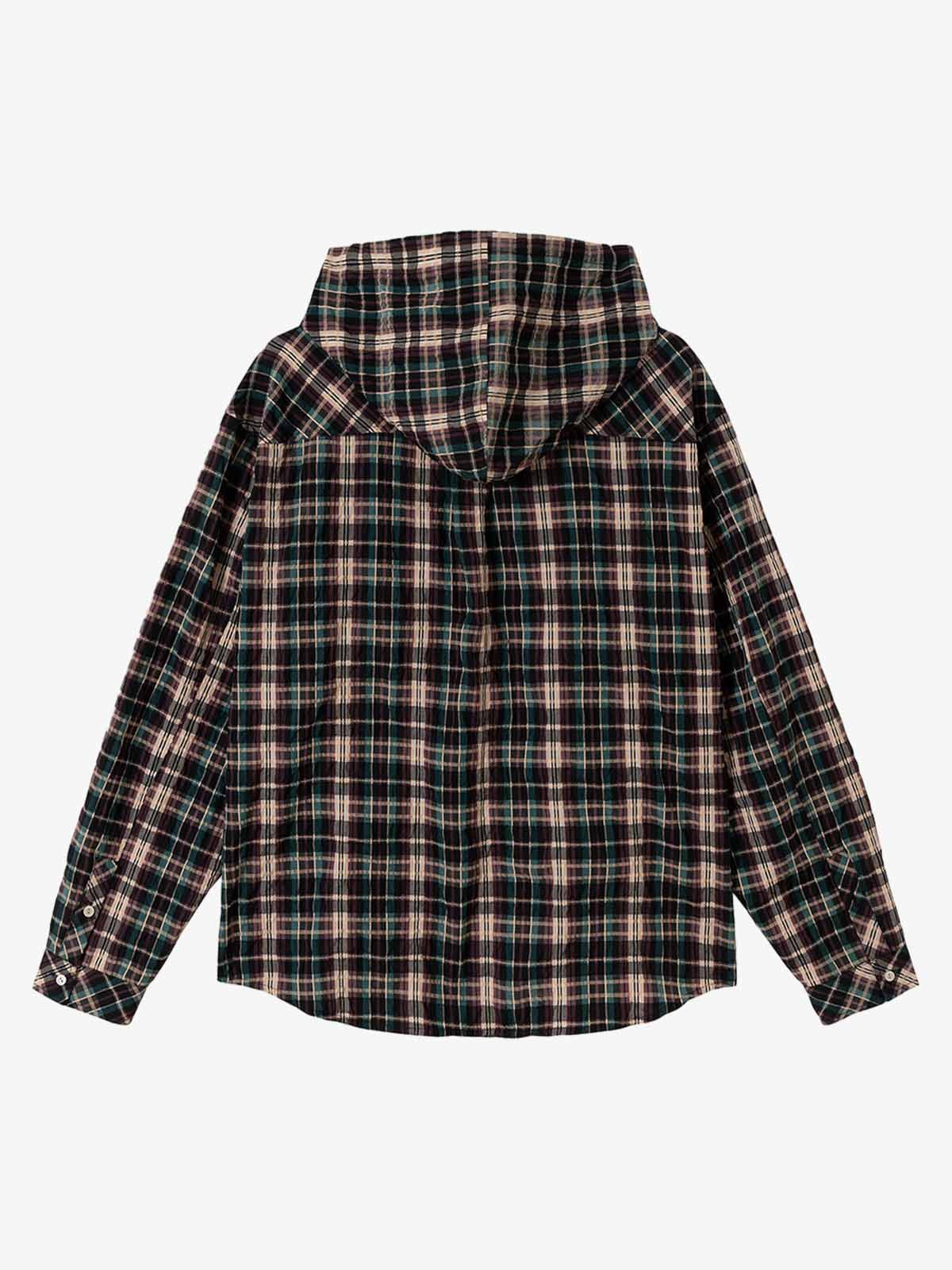 Retro Plaid Patchwork Hooded Work Shirt - image 5