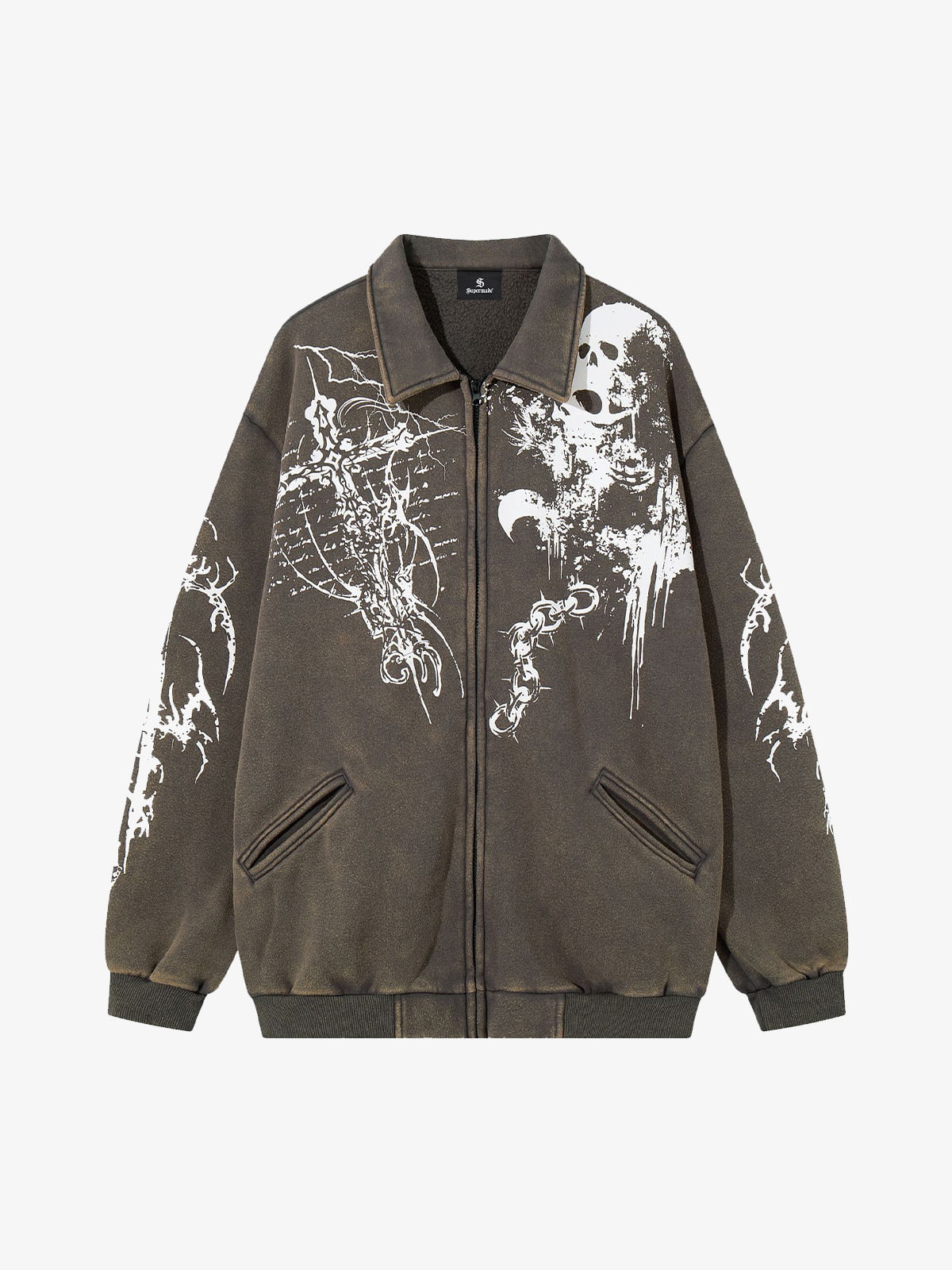 Retro Dark Skull Cross Print Lapel Zipper Jacket