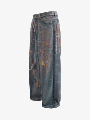 Vintage Wash Baggy Jeans with Chain Print – side view | XoKool