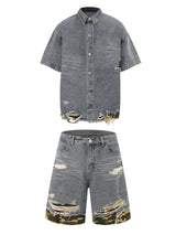 Patchwork Camouflage Ripped Shirt Jorts Denim Suit Streetwear - 7003